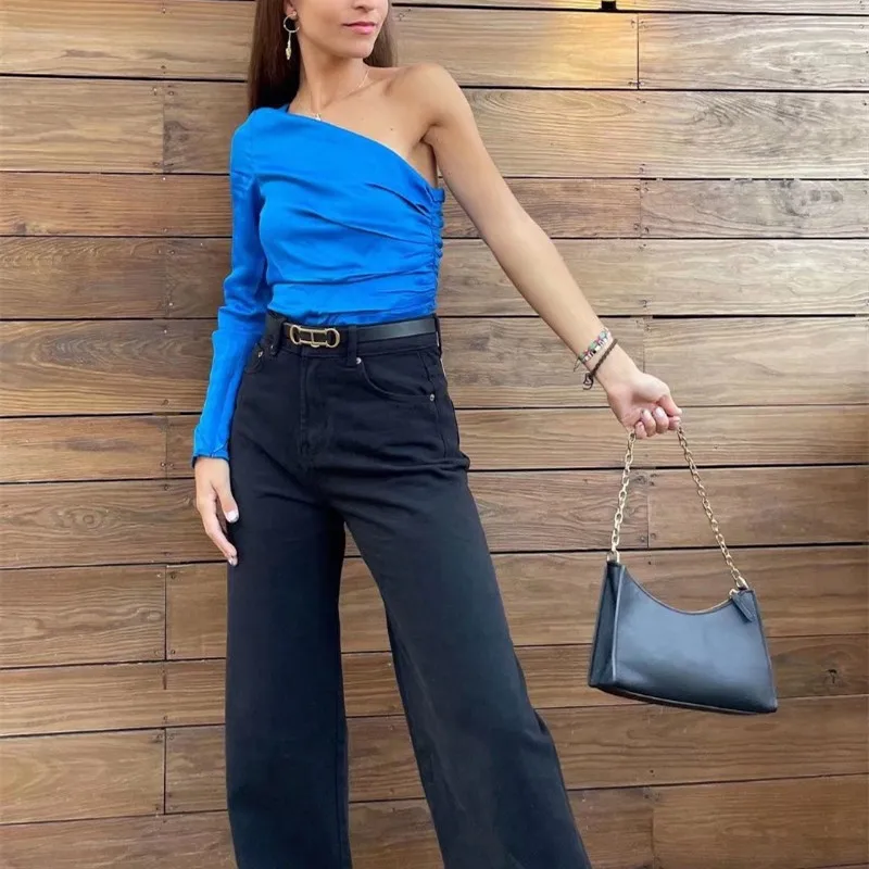 

Женский однотонный комбинезон на одно плечо, с длинным рукавом и молнией сбоку