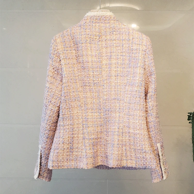 

2020 Autumn and Winter High Quality Stand Collar Short Wool Coat Lady Elegant Yellow Double Breasted Tweed Coat Jacket