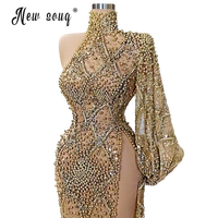 gold elegant beads high neck evening dress 2021 long sleeve mermaid vestidos de fiesta arabic red carpet runway gowns robes