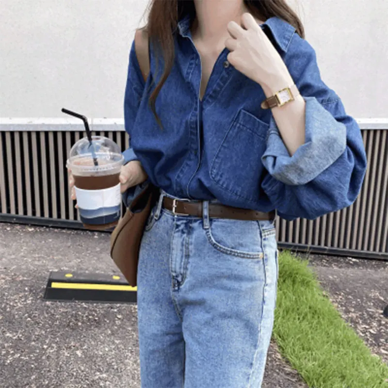 

2020 Spring Autumn Korea Fashion Women Long Sleeve Loose Cotton Denim Shirts Single Pocket Vintage Blue Casual Blouses M677
