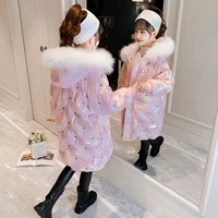 winter girls hooded fur collar cotton coat mid length childrens padded warm snow jacket kids fashion waterproof outwear tz788