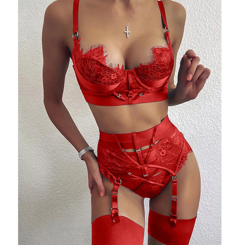 

Sexy Lingerie Set with Garter Nightwear Lace Bra Thong Suits Erotic Sets Women Hot Exotic Underwear Porno Bodydoll Sex Sleepwear