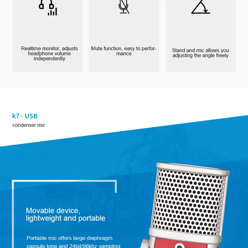 Alctron K7 USB Студийный конденсаторный микрофон регулируемый угол для подкачки, домашней студийной записи, записи поля и voicever