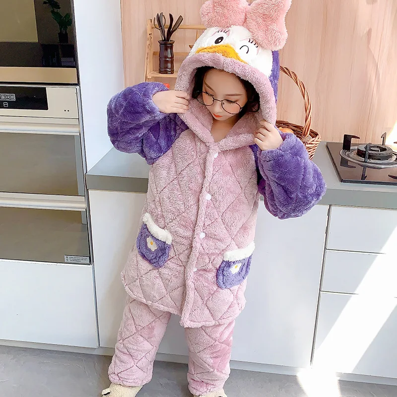 Pijamas Kawaii gruesos de felpa para padres e hijos, ropa de franela de manga larga para mantener el calor, bonitos dibujos animados, para el hogar y la familia, Invierno-2