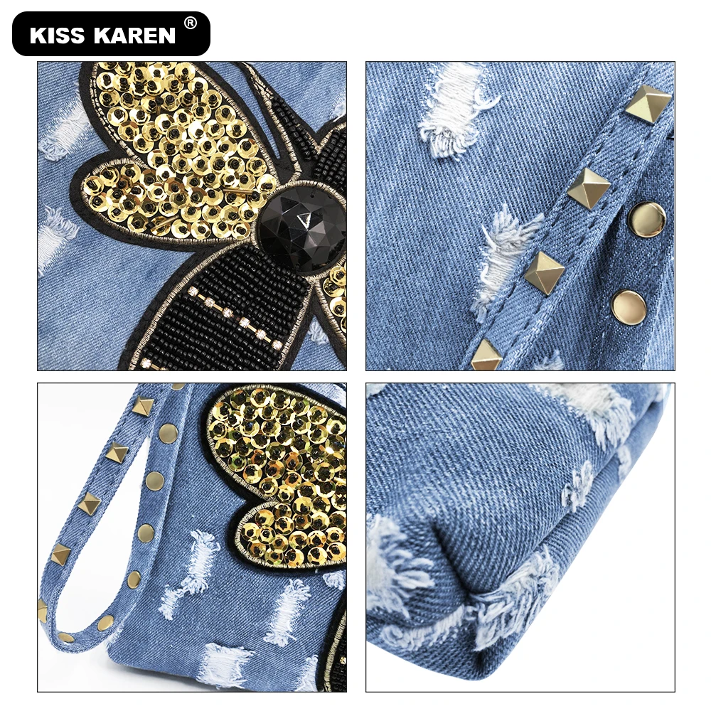 Casual Fashion 2020 Denim Wristlets Women's Shoulder Bags Jeans Women Purse with Butterflyer Patch Messenger | Багаж и сумки