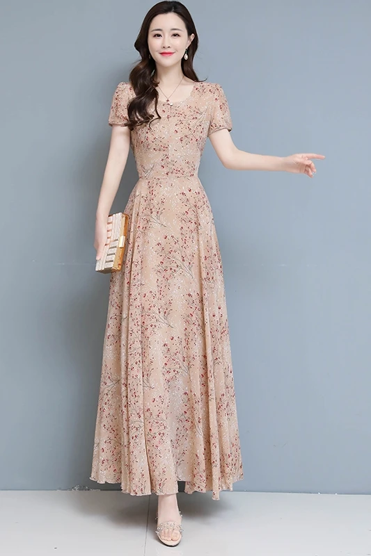 

COIGARSAM 4XL Plus Size Beach Style Floral Print Women Long dress New Summer Chiffon High Waist Dresses Blue Black Pink 1997