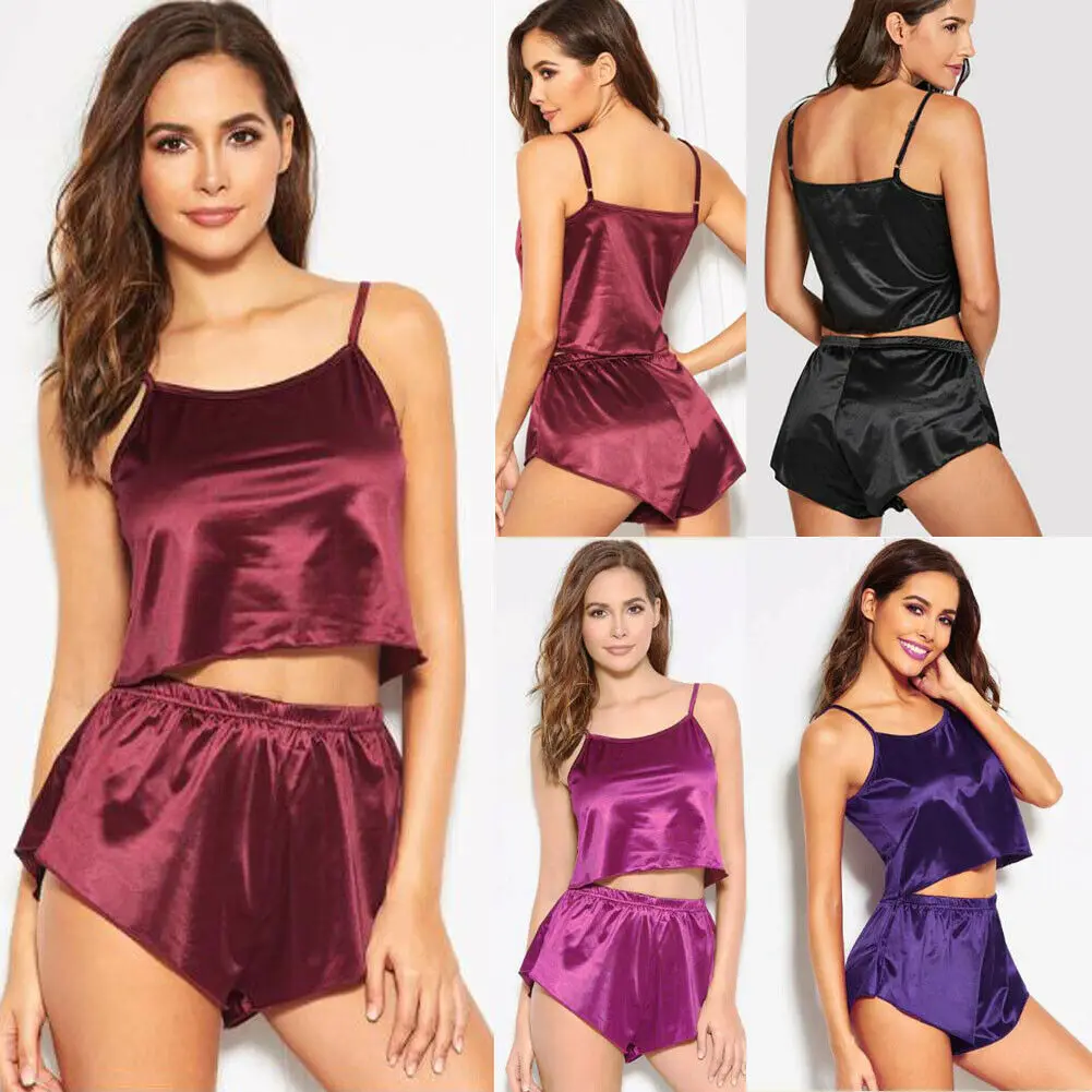 

Пижама женская атласная с завышенной талией, однотонный пижамный комплект без рукавов, укороченная одежда для сна на бретелях, шорты, пижам...