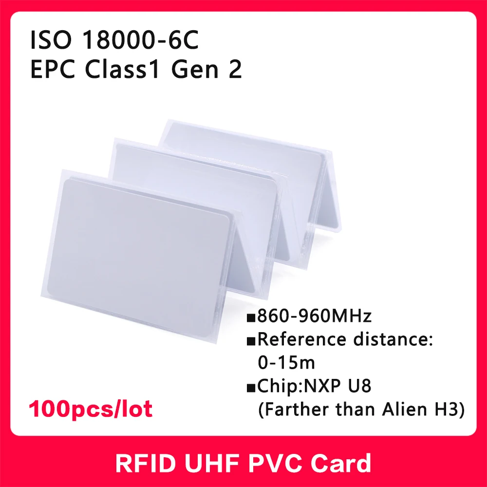 

UHF RFID tag 18000-6C 860-960MHz RFID uhf PVC card 100PCS NXP U8 chip Electronic label H3 Alien Long-Range 915 MHz High quality