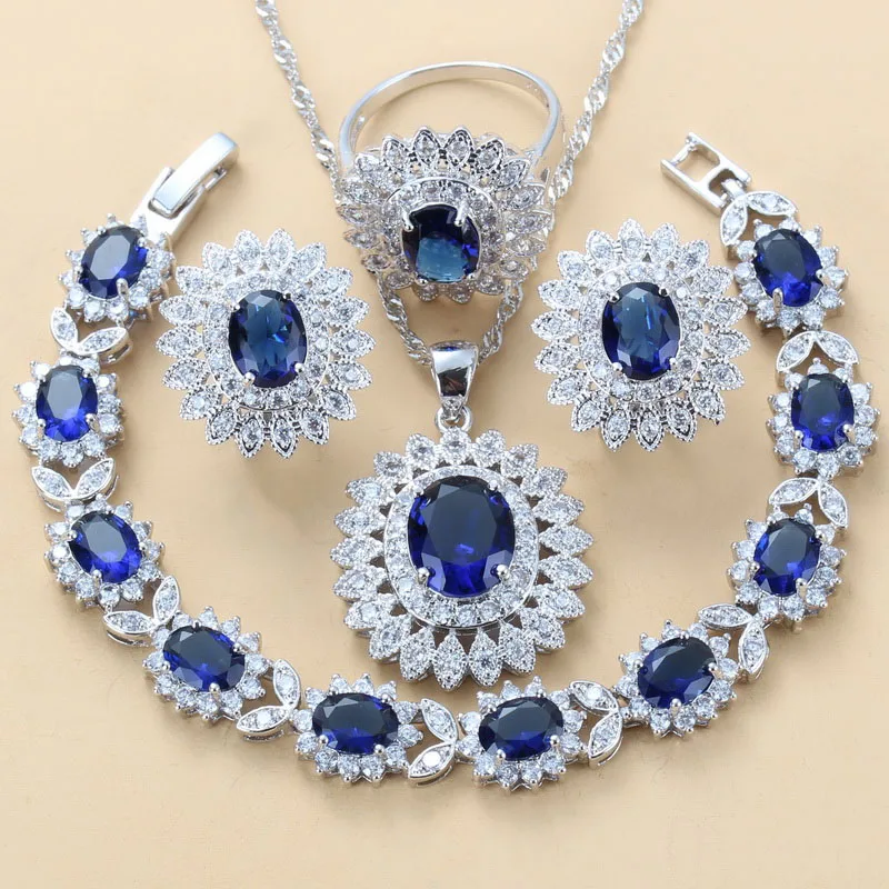 Blue 4 piece set Красивый цветок зеленый циркониевый белый кристалл 925 стерлингового серебра 4 комплект ювелирных изделий серьги, ожерелья кольцо для женщин - Окраска металла: Blue 4 piece set