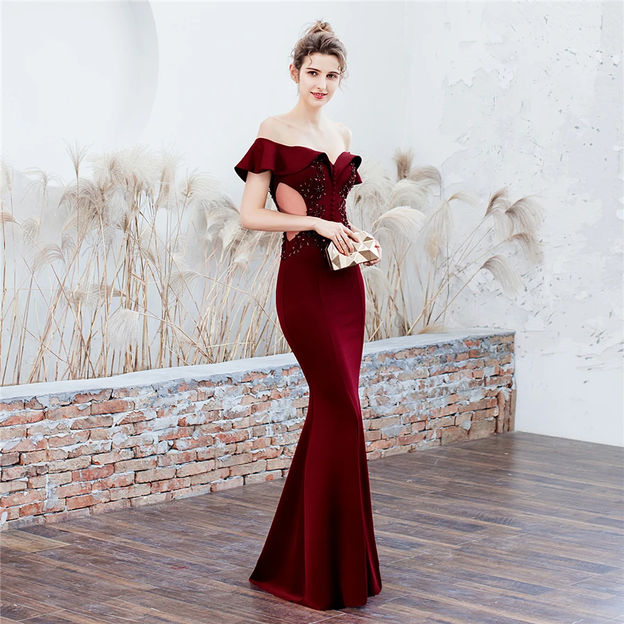 Burgundy Mermaid Evening Dresses It's Yiiya DX265 Boat Neck Plus Size Robe De Soiree Elegant Ruflles Off Shoulder Gown | Свадьбы и
