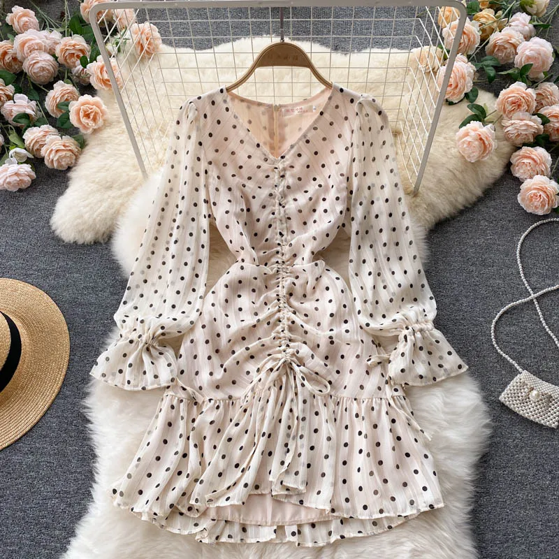 

Autumn Women Beige Polka Dot Chiffon Dress Vintage V-Neck Flare Long Sleeve Ruffle Hem Mini Vestidos Elegant Female Robe 2021