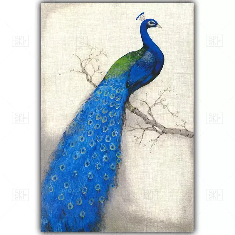 

Elegant Poetry Retro Style Blue Peacock Standing On The Tree A4 Canvas Art Painting Print Poster Picture Wall Elegant Home Decor