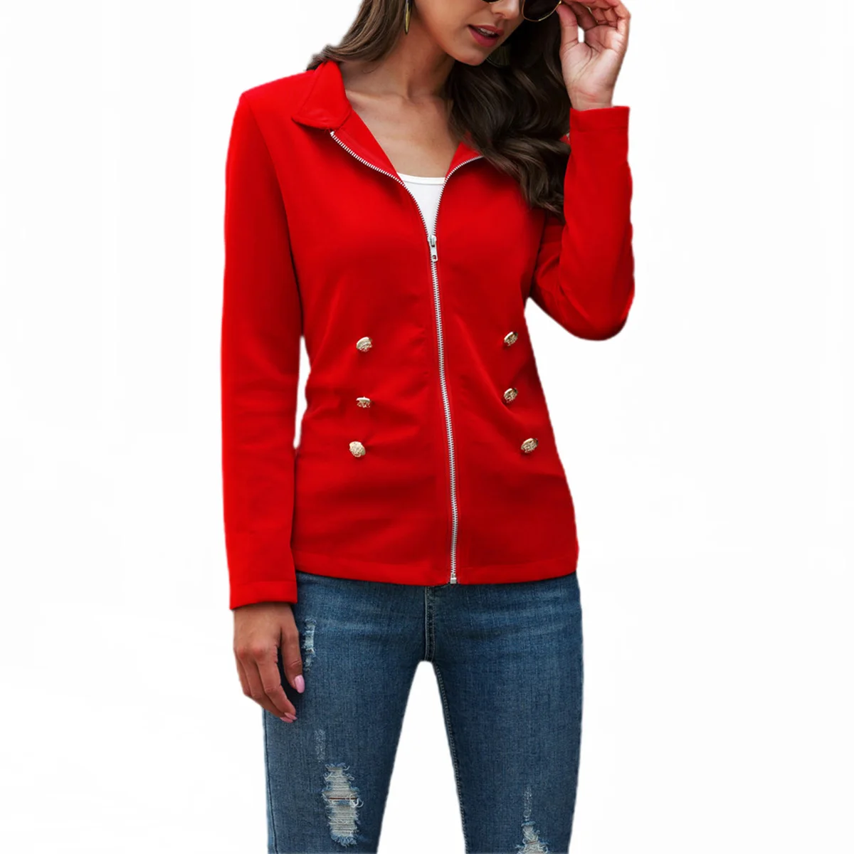 

Women Autumn Clothes, Solid-Color Stand-Collar Long-Sleeves Jacket with Zipper Opening for Ladies, Red/Black/Blue