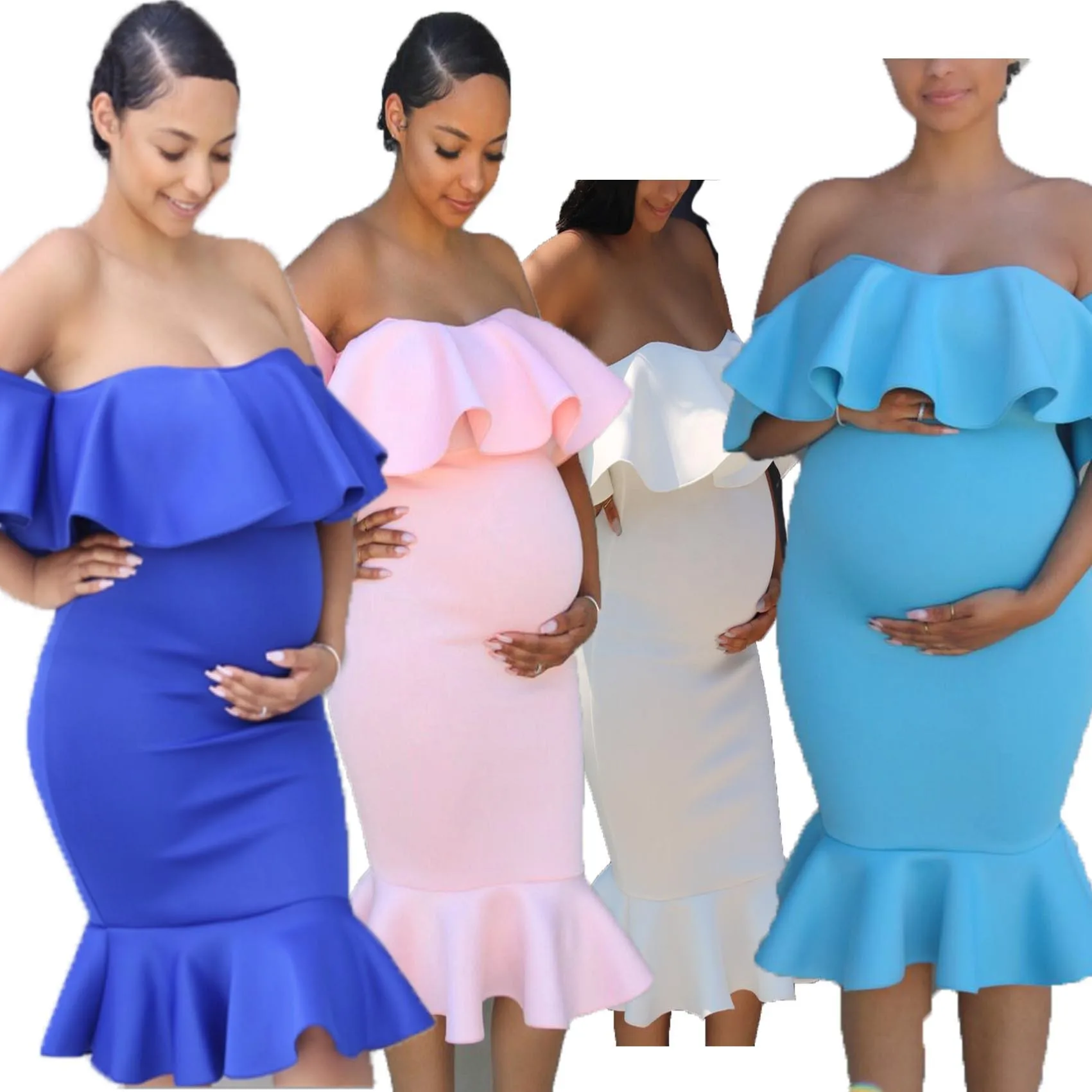 

European and American women's stretch pregnant women's ruffled collar trailing one-piece long skirt photography dress