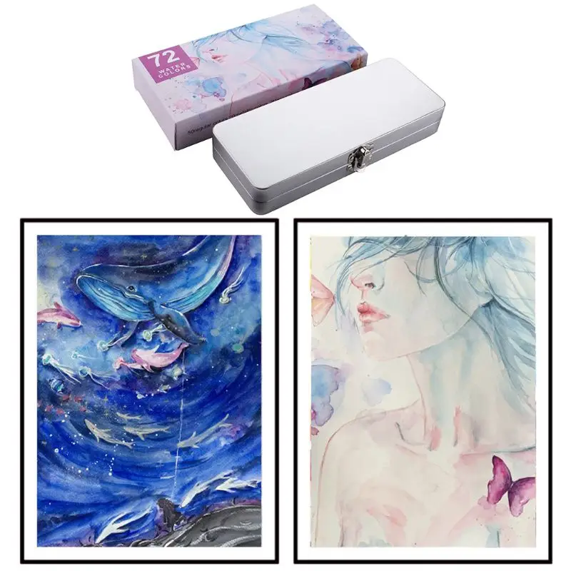 

72 Color Solid Watercolor Paint Set with 3 Paint Brushes Kit Portable Metal Case Beginners Students Art Painting Tool