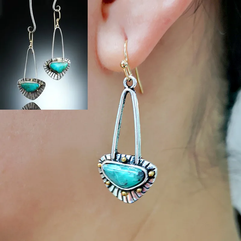

New European and American Fashion Creative Bag Lock Earrings Inlaid Turquoise Long Vintage Earrings Women's Jewelry