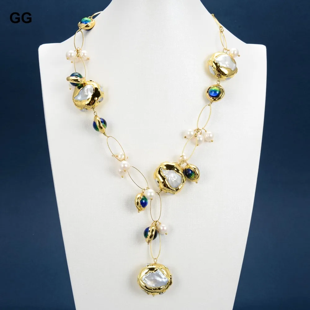 

GuaiGuai Jewelry Natural Freshwater Cultured White Keshi Pearl Blue Murano Glass Necklace 21" For Women