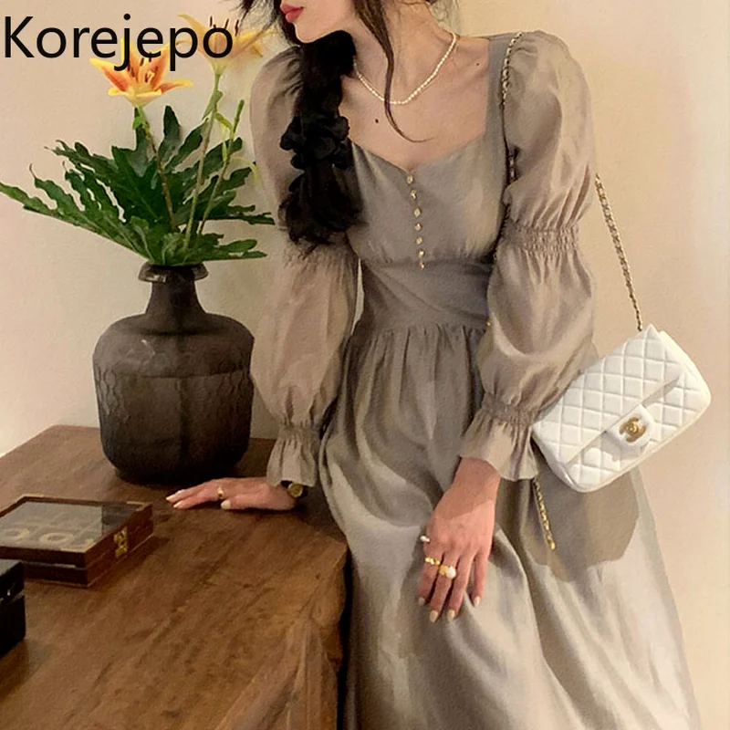 

Korejepo Women Dress 2021 Early Autumn Palace Style Retro Square Collar Fairy Long-sleeved Temperament Slimming Thin Long Dress
