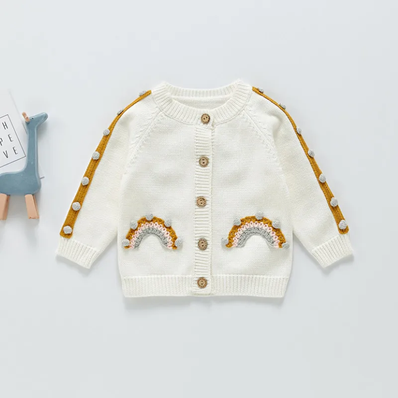 

Детский вязаный кардиган с радужным узором, однобортная одежда с украшением из мехового помпона на весну и осень