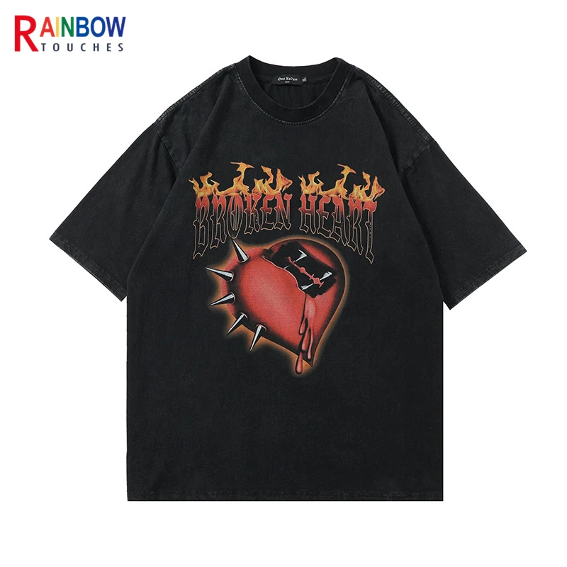 Rainbowtouches Oversized T-shirt Hip Hop Unisex Washed T Shirt Half Sleeve Women Print Love Youth High Street T Shirts Mens