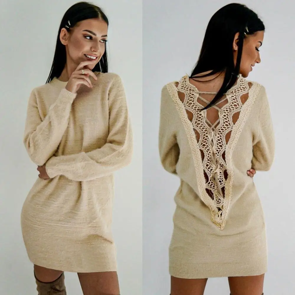 Женское облегающее платье с открытой спиной круглым вырезом длинными рукавами и