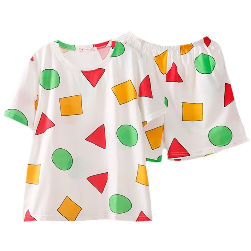 

2022 New Women Summer 2pcs Pajamas Set Short Sleeve Crew Neck Pullover Sleepwear Colorful Geometry Pattern Loose Lounge Homewear