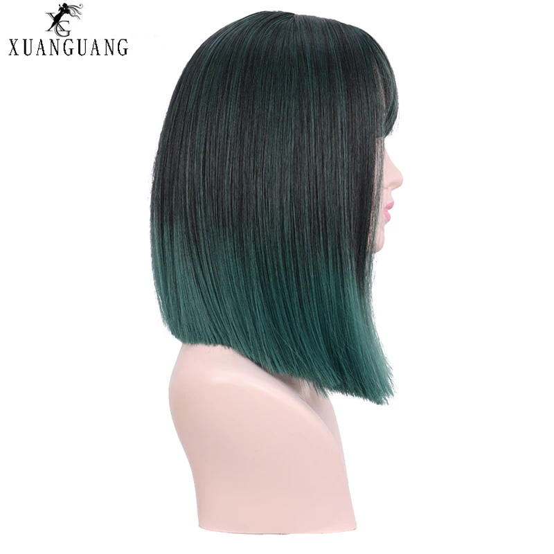 Синтетические парики XUANGUANG Green Ombre для женщин длинные с жаростойкими челками
