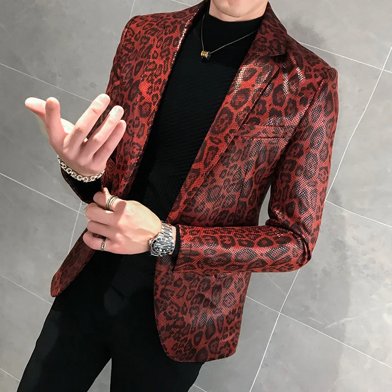 Jacket Leather Stage Costumes For Singers Loose Coat Blaser Homens Terno Masculino Autumn Leopard Print Mens Blazer Skin Suit