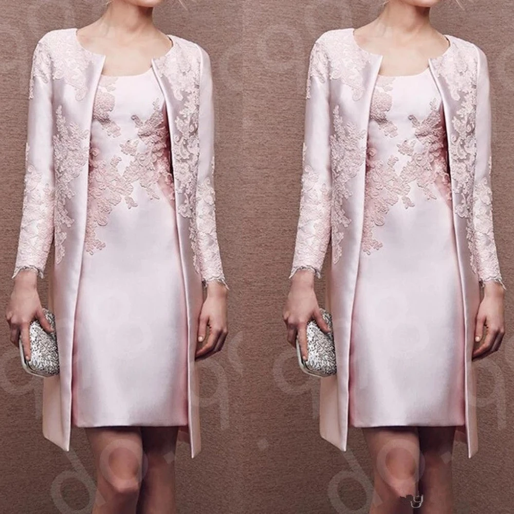 

Pink Lace Mother Of The Bride Dresses 2020 Formal Gown Outfit Coat Long Sleeve Jacket Above Knee Length Wedding Guest