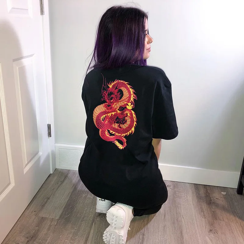 

Casual Streetwear Oversized Long Basic Shirts T-shirts Ladies Women White Dragon Printing T-Shirt Women Large Size Short Sleeve