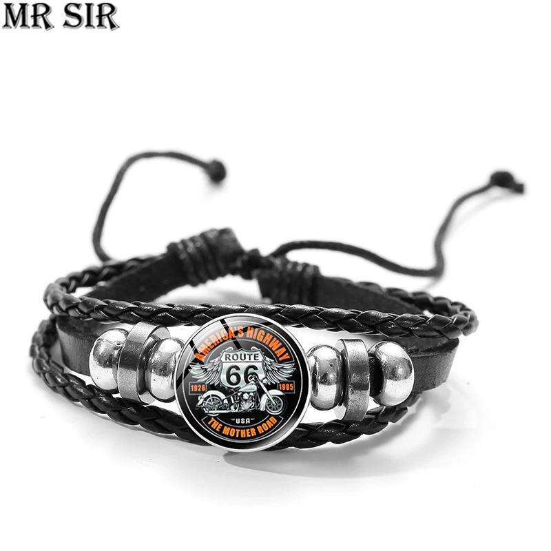 

US Route 66 Bracelet Punk Gothic Leather Glass Cabochon Button Snap Bracelet Black Braided Wrap Bangle Vintage Jewelry Wholesale