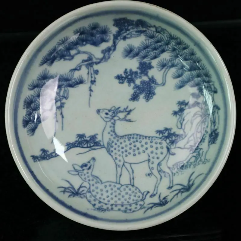 

Тарелка из старого китайского фарфора с изображением бело-голубого соснового оленя, украшение для стола, аксессуары для домашнего декора, и...