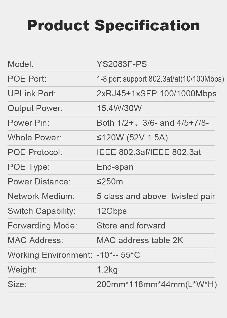 Коммутатор YuanLey с 8 портами PoE, 2 канала связи Gigabit Ethernet, 1 порт SFP, 120 Вт 802.3af/at, безвентиляторный Неуправляемый коммутатор Plug& Play PoE
