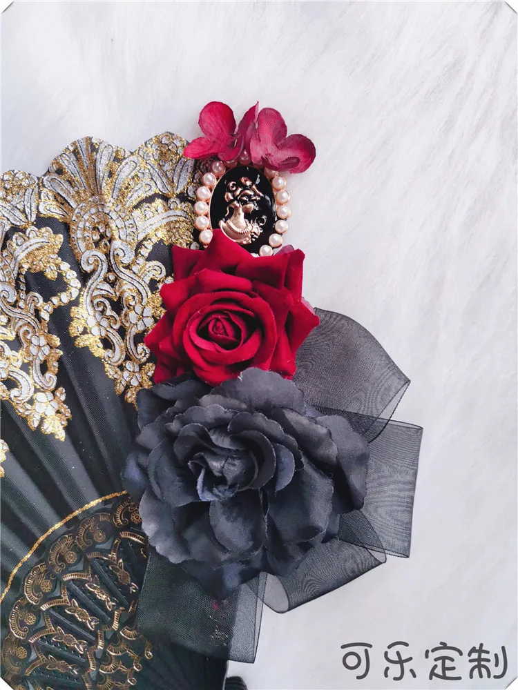 

Japanese Original Handwork Lolita Black Lace Folding Fan Diablo Gothic Rose Flower Bowknot Vintage Gorgeous Court Fan Girls