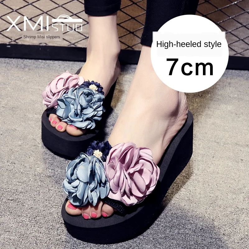 

XMISTUO Hand-Made Beautiful Wedges Flowers New Women Slippers With Elastic Belt Flip-Flops Leisure Casual Wear Beach Sandals