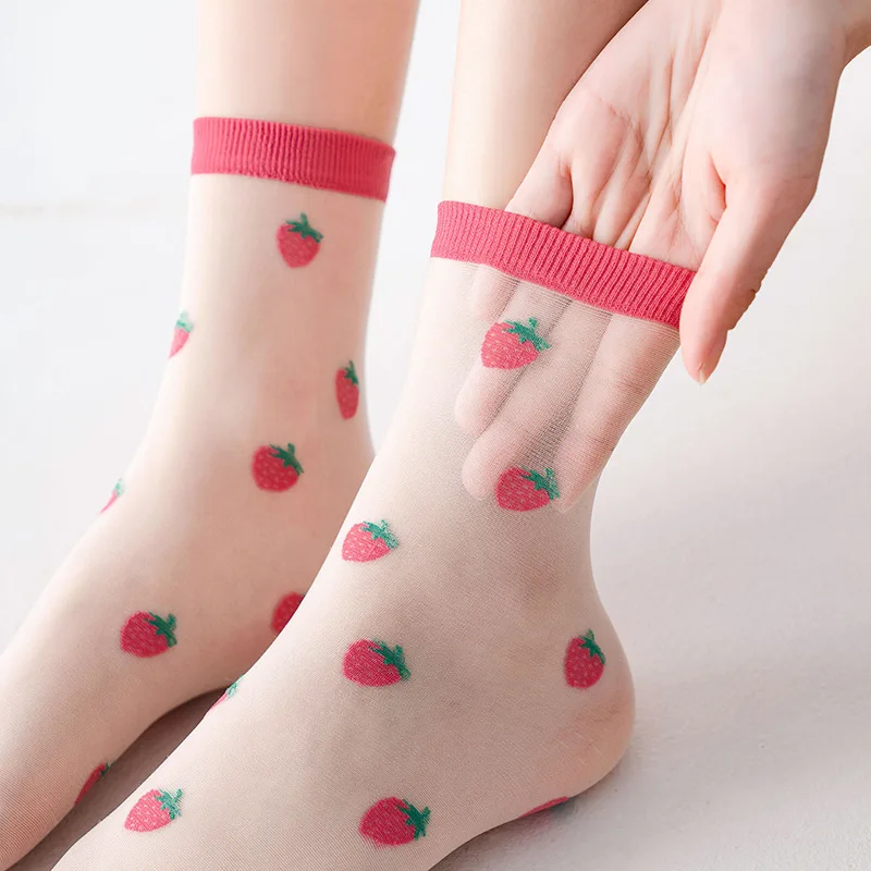 Fruit Socks for summer Ultra-thin Transparent Cass Silk Socks Ankle Short Lace Women girl Cherry Avocado Orange Strawberry