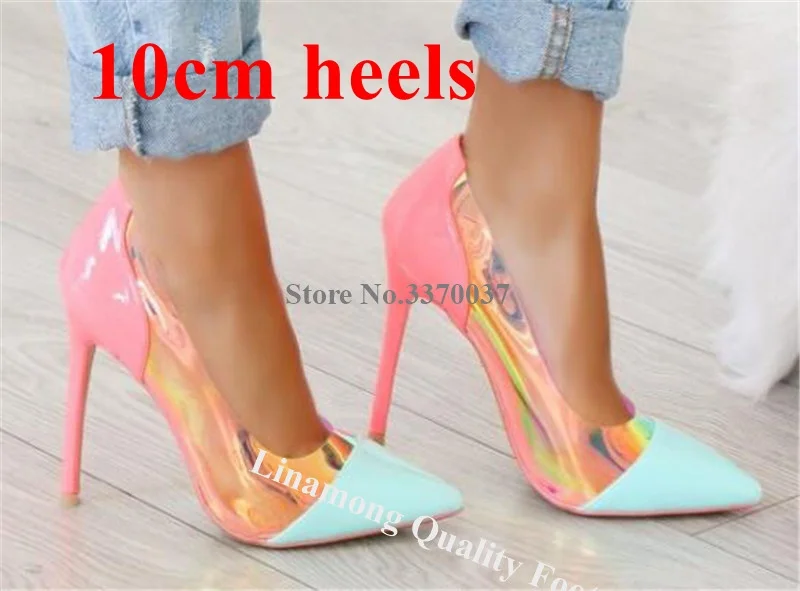 10cm heel Женские туфли-лодочки из лакированной кожи с острым носком неонового и розового цвета; туфли-лодочки на шпильке; светоотражающие Прозрачные Высокие каблуки из ПВХ; свадебные модельные туфли - Цвет: 10cm heel