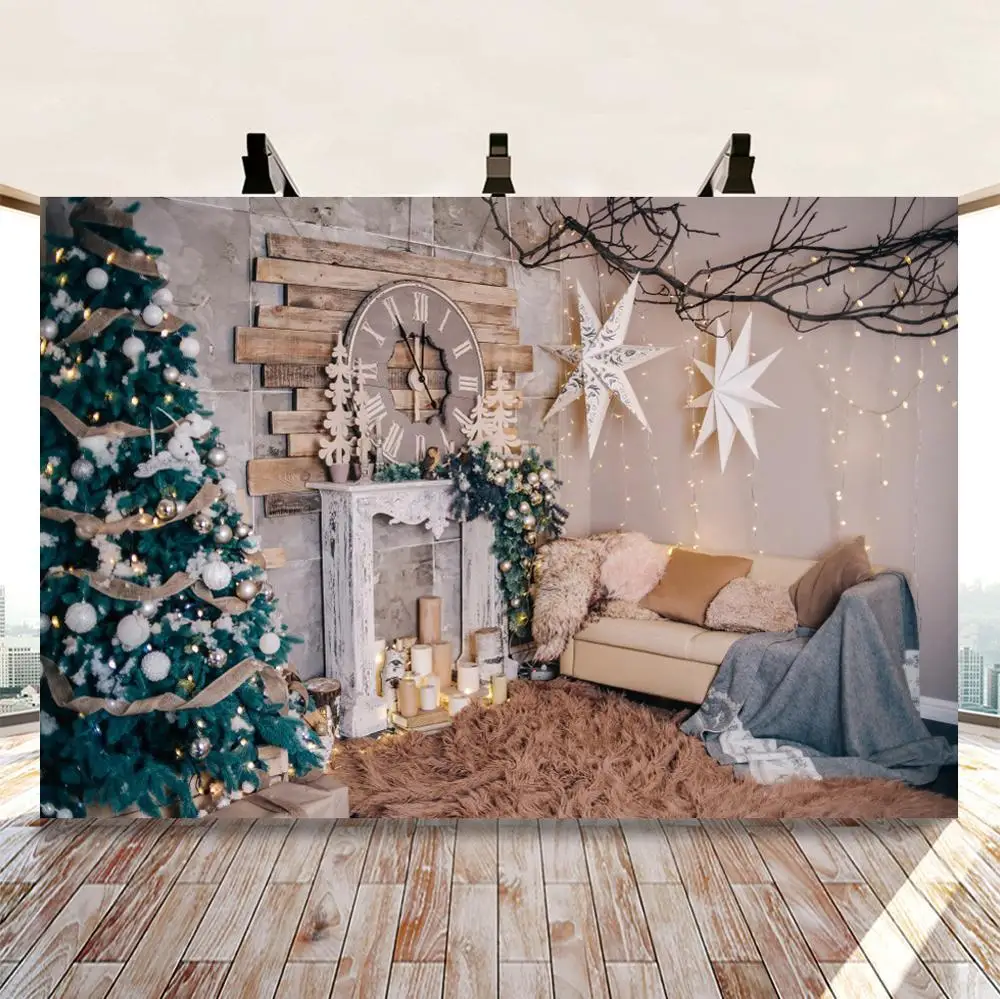 

Christmas Photography Backdrop Christmas Tree Gifts White Fireplace Background Winter Living Room Light Bells Star Photo Shoot