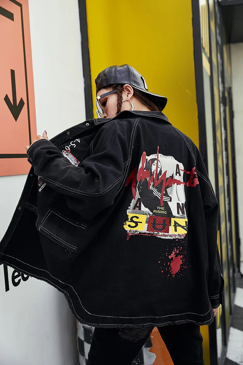 

Autumn denim jacket women's spring cardigan single-breasted mid-length print zipper raw edge denim jacket