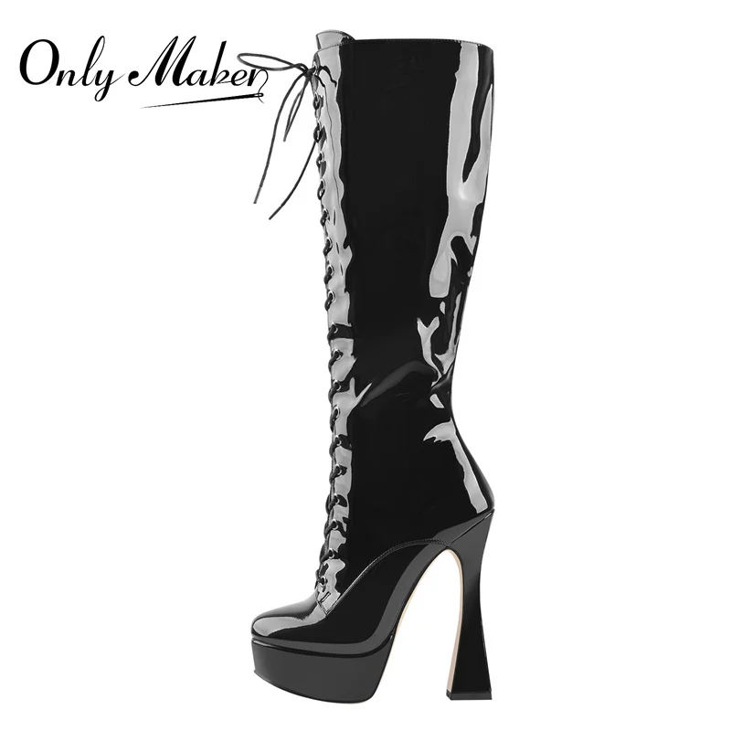 

Onlymaker Winter Women Lace-Up Knee High Boots Black PU Patent Leather Crocodile Print Spike High Heels Long Boot Zipper Concise
