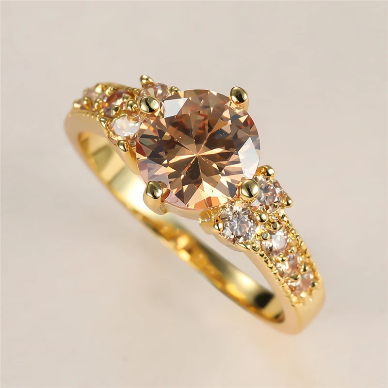 

Cute Female Champagne Crystal Stone Ring Charm Gold Color Thin Wedding Rings For Women Luxury Round Zircon Engagement Ring