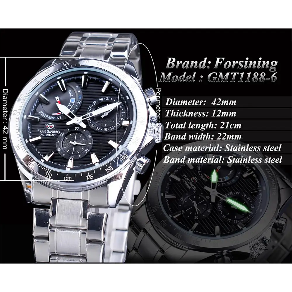 Forsining Power Reserve Design Men Automatic Mechanical Watch Black Silver Stainless Steel Date Waterproof Luminous Clock | Наручные часы