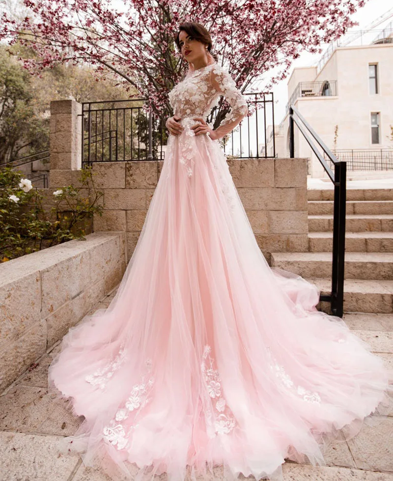 Купи SoDigne Pink Boho Wedding Dress 3D Flowers Lace Appliques Pink Tulle Bridal Gown Plus Size Beach Wedding Gown за 5,785 рублей в магазине AliExpress