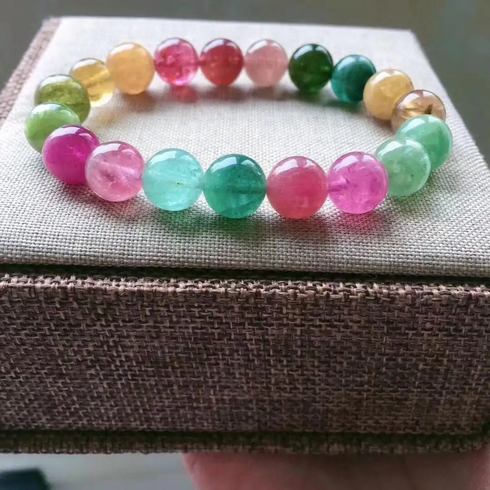 

Certificate Natural Colorful Tourmaline Quartz Bracelet 9.8mm Rainbow Round Clear Beads Women Men Fashion Best Stone AAAAAA