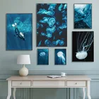 Морской пейзаж, подводный мир, плакат для дайвинга, дельфин, медуза, черепаха, настенное искусство, скандинавские плакаты и принты, Картина на холсте, Настенная картина