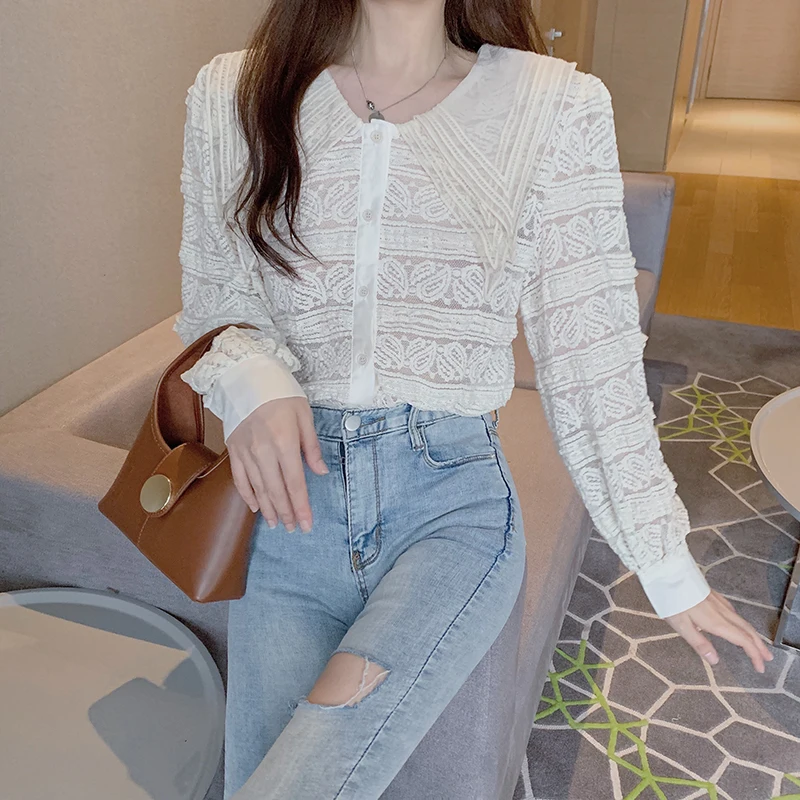 

QOERLIN Lace Embroidery Blouse Women French Hollow Out Peter Pan Collar Blusa Shirts Summer 2021 Elegant Long Sleeve Female Top