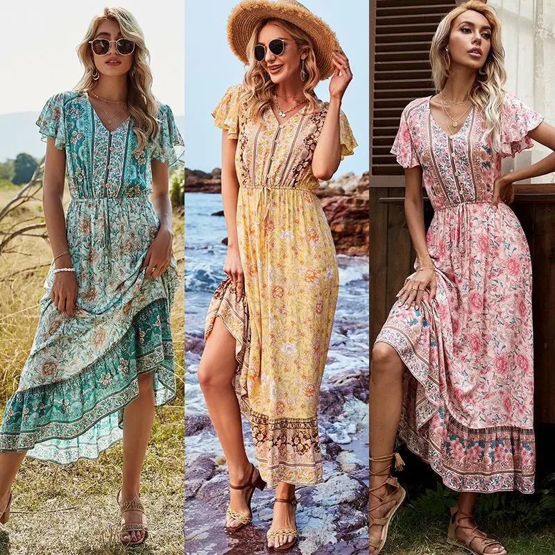 

2021 summer new leisure holiday style print dress women's long short sleeve A-line skirt