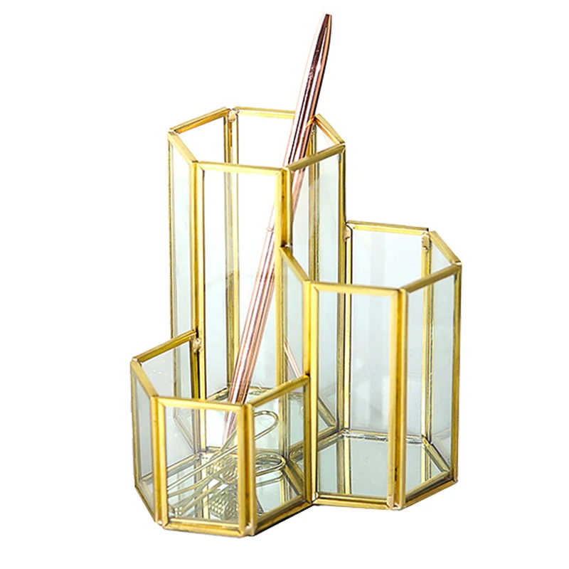 

Brass Glass Cosmetic Brush Holder Hexagonal Glass Eyebrow Pencil Holder Cosmetic Storage Container