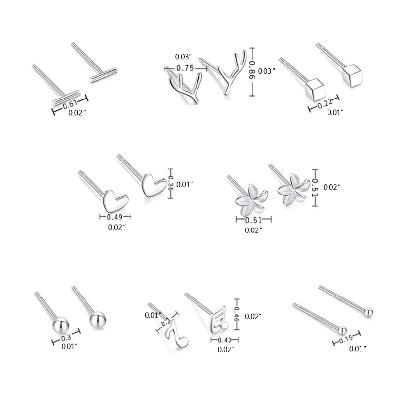 

10 Pairs Sterling Silver Stud Earrings Tiny Ball Bar Flower Moon Star Earrings J78F