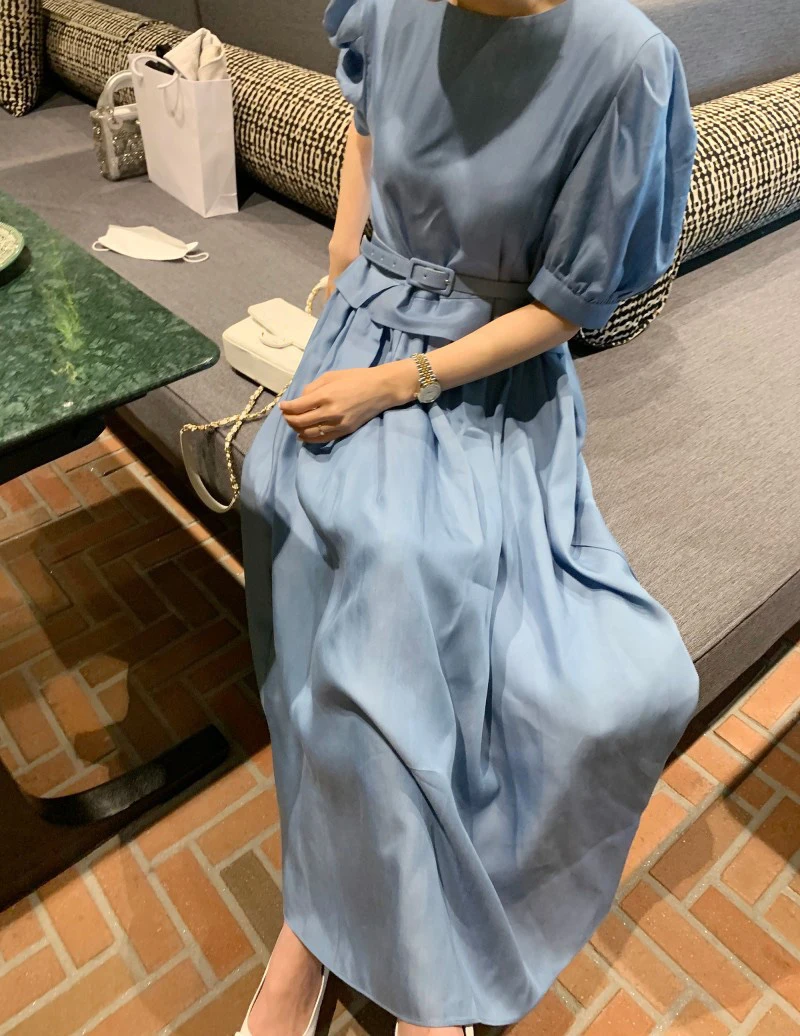 

ZCSMLL Korean temperament round neck ruffle vestido stitching fake two-piece puff sleeve dress long skirt with belt women